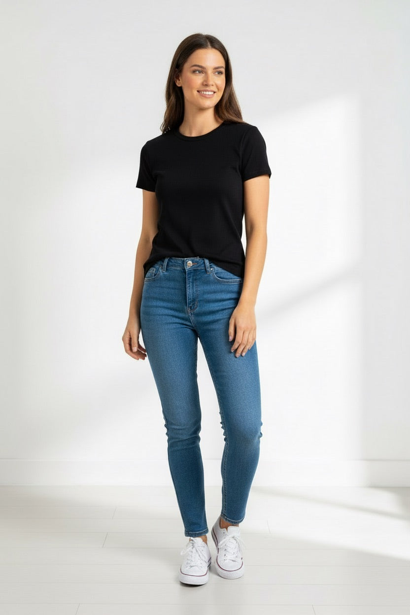 T-shirt prążkowany Stradivarius czarny basic