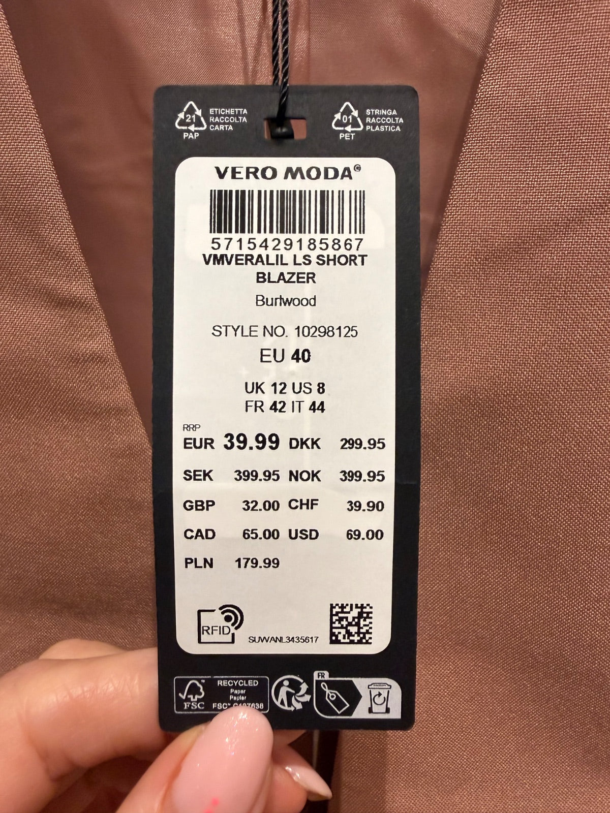 Żakiet bez kołnierza Vero Moda różowy pudrowy 40