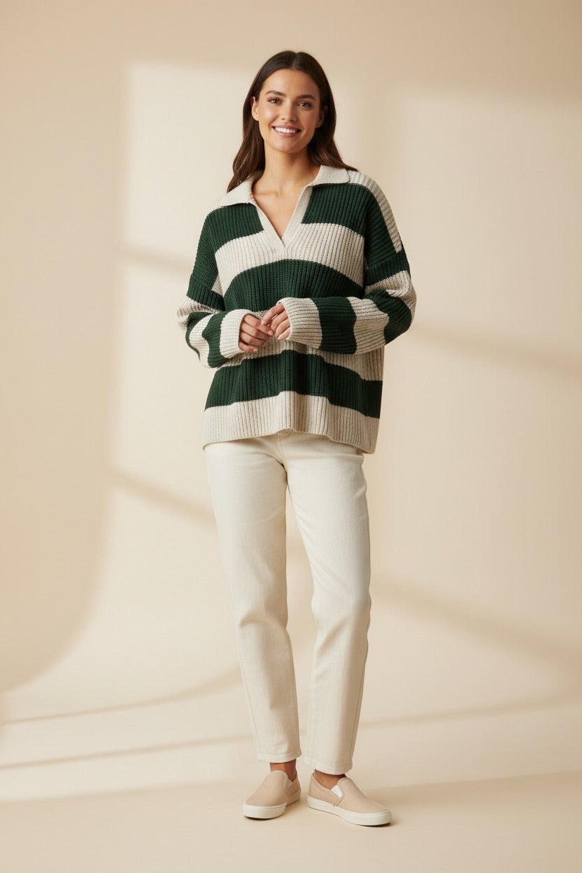 Sweter polo w paski Stradivarius oversize